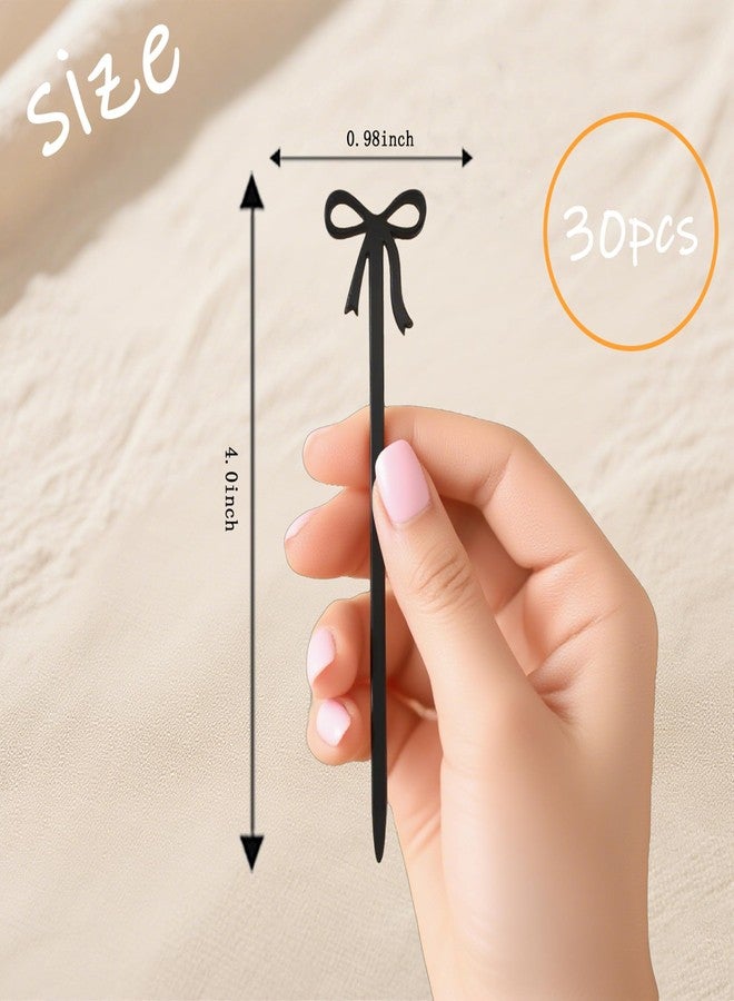 CuddleJunk 30 pcs Bow Cocktail Picks, Cute Fruit Skewers for Party, Acrylic Bowknot Toothpicks for Appetizers Cake Drink Dessert Birthday Coquette Party Decorations (Black) - Image 2